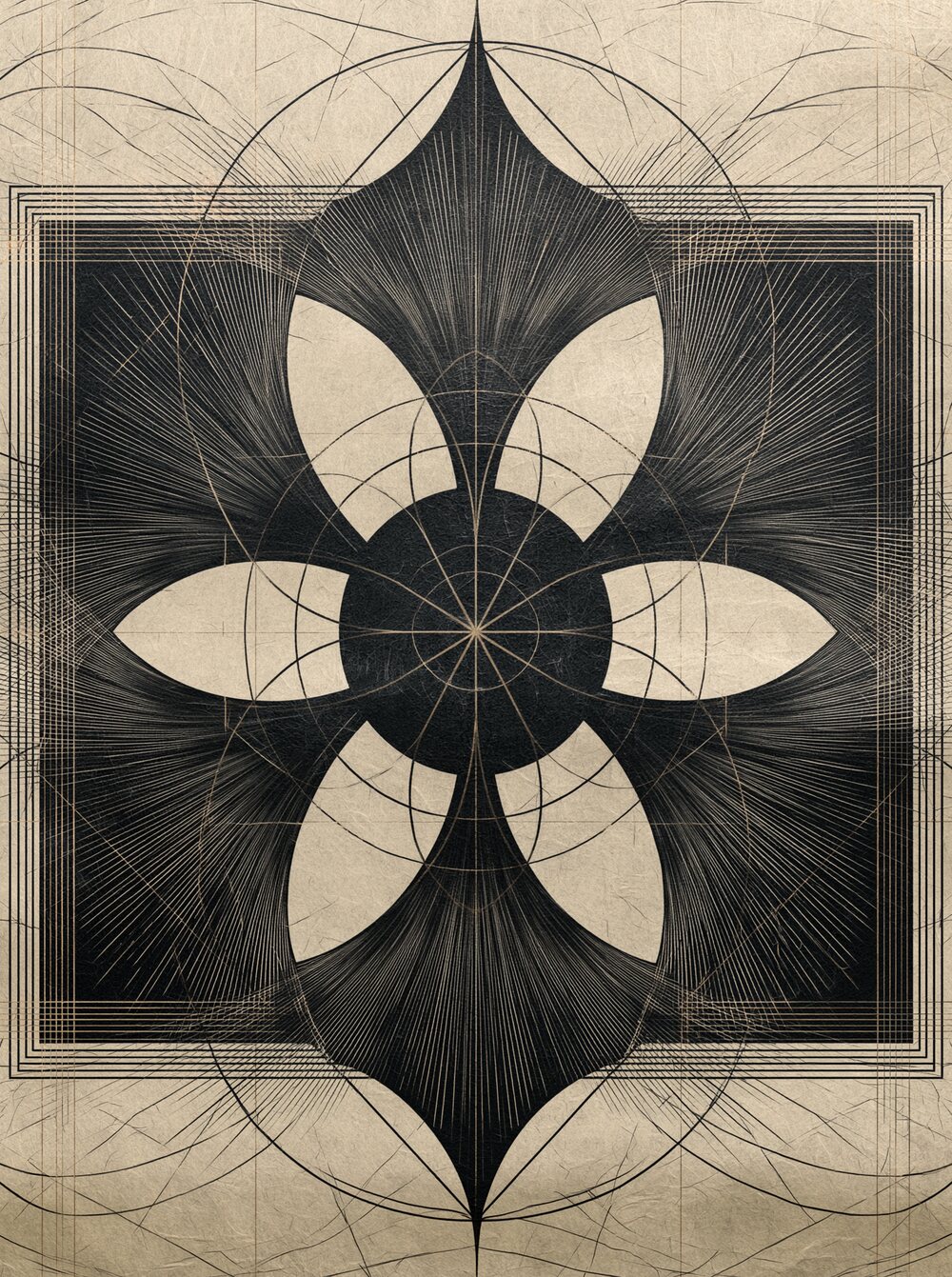 The Lierne symbol: an engraved six-petal figure around a dark eye, ink on paper.